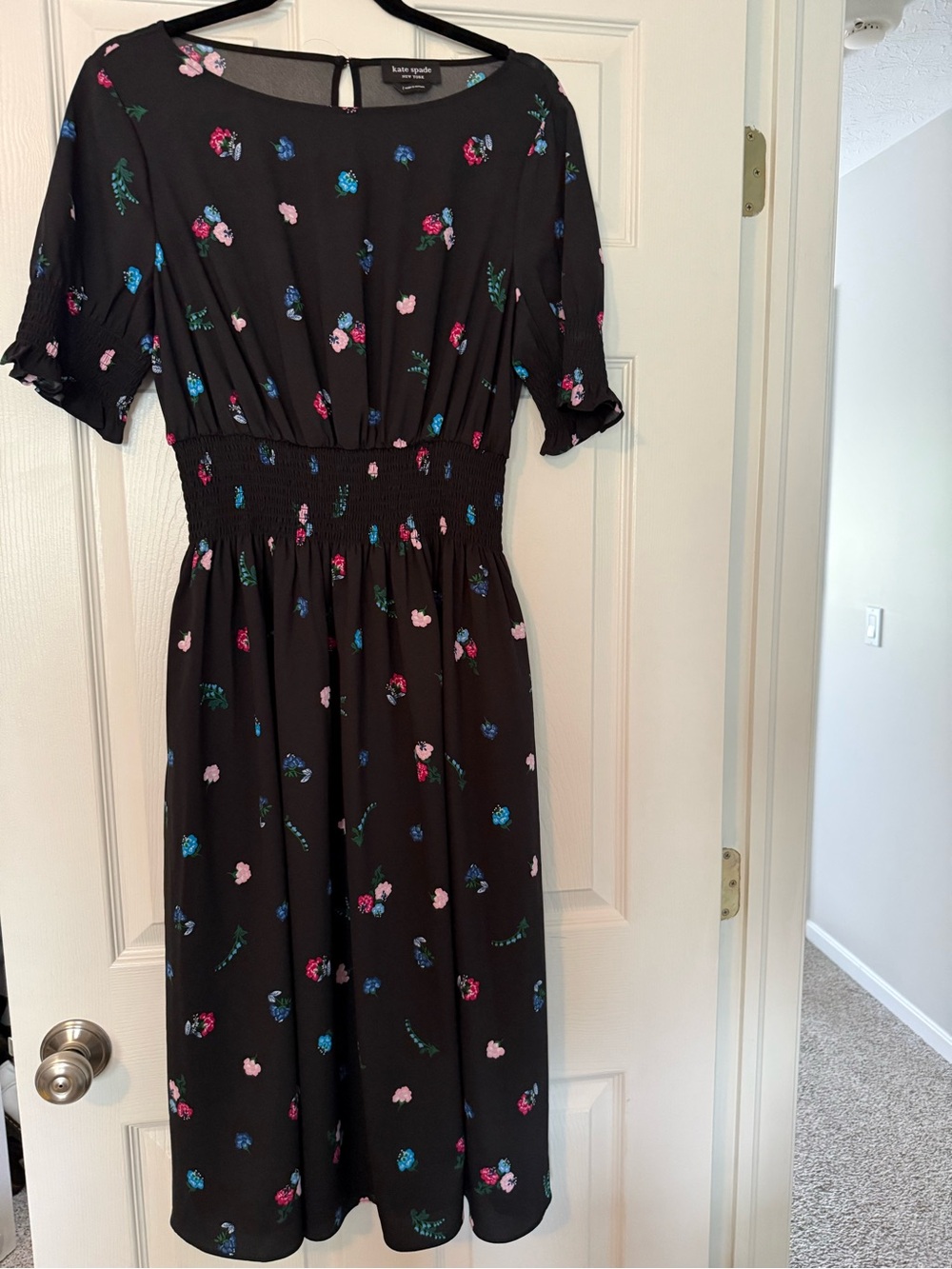 kate spade Black Floral Smocked-Waist Midi Dress